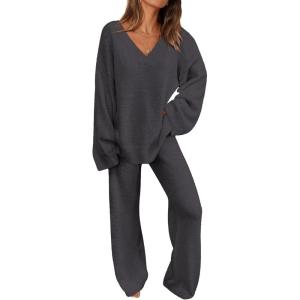 imagePRETTYGARDEN Lounge Sets for Women Two Piece Sweaters Pajama Set Fall Fashion 2026 Loungewear Outfits Matching Winter ClothesDark Grey