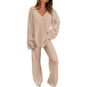 imagePRETTYGARDEN Lounge Sets for Women Two Piece Sweaters Pajama Set Fall Fashion 2026 Loungewear Outfits Matching Winter ClothesKhaki