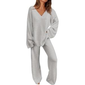 imagePRETTYGARDEN Lounge Sets for Women Two Piece Sweaters Pajama Set Fall Fashion 2026 Loungewear Outfits Matching Winter ClothesLight Grey