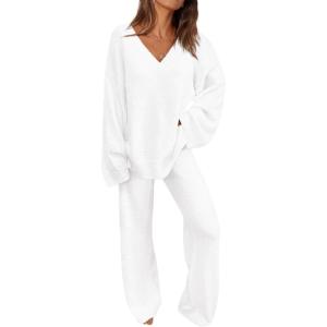 imagePRETTYGARDEN Lounge Sets for Women Two Piece Sweaters Pajama Set Fall Fashion 2026 Loungewear Outfits Matching Winter ClothesWhite