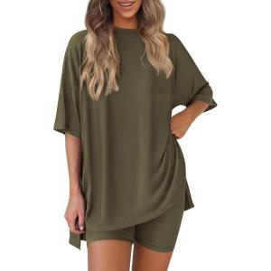 imagePRETTYGARDEN Women 2 Piece Lounge Set 2026 Summer Casual Oversized Shirts Biker Shorts Matching Airport Travel Outfit ClothesArmy Green