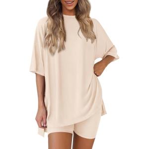 imagePRETTYGARDEN Women 2 Piece Lounge Set 2026 Summer Casual Oversized Shirts Biker Shorts Matching Airport Travel Outfit ClothesBeige
