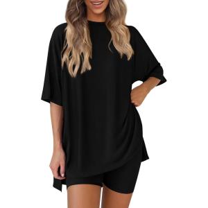 imagePRETTYGARDEN Women 2 Piece Lounge Set 2026 Summer Casual Oversized Shirts Biker Shorts Matching Airport Travel Outfit ClothesBlack