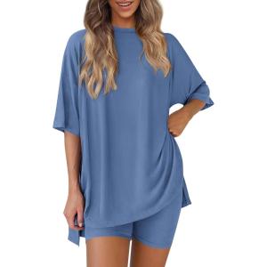imagePRETTYGARDEN Women 2 Piece Lounge Set 2026 Summer Casual Oversized Shirts Biker Shorts Matching Airport Travel Outfit ClothesBlue