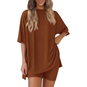 imagePRETTYGARDEN Women 2 Piece Lounge Set 2026 Summer Casual Oversized Shirts Biker Shorts Matching Airport Travel Outfit ClothesBrown