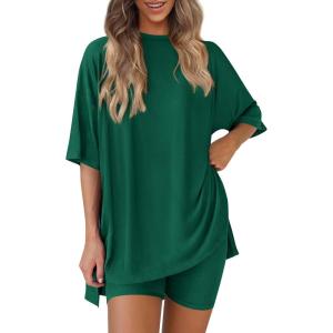imagePRETTYGARDEN Women 2 Piece Lounge Set 2026 Summer Casual Oversized Shirts Biker Shorts Matching Airport Travel Outfit ClothesGreen