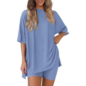 imagePRETTYGARDEN Women 2 Piece Lounge Set 2026 Summer Casual Oversized Shirts Biker Shorts Matching Airport Travel Outfit ClothesGrey Blue