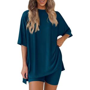 imagePRETTYGARDEN Women 2 Piece Lounge Set 2026 Summer Casual Oversized Shirts Biker Shorts Matching Airport Travel Outfit ClothesLake Blue