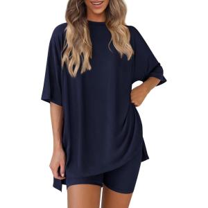 imagePRETTYGARDEN Women 2 Piece Lounge Set 2026 Summer Casual Oversized Shirts Biker Shorts Matching Airport Travel Outfit ClothesNavy