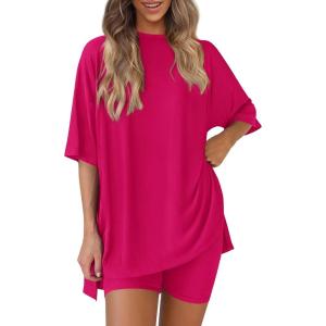 imagePRETTYGARDEN Women 2 Piece Lounge Set 2026 Summer Casual Oversized Shirts Biker Shorts Matching Airport Travel Outfit ClothesRose Red