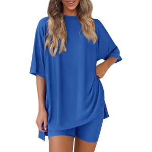 imagePRETTYGARDEN Women 2 Piece Lounge Set 2026 Summer Casual Oversized Shirts Biker Shorts Matching Airport Travel Outfit ClothesRoyal Blue
