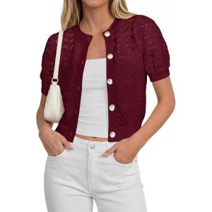 imagePRETTYGARDEN Women Summer Crochet Puff Short Sleeve Cardigan Lightweight Spring Cropped Button Up Beach Knit Sweater TopsBurgundy