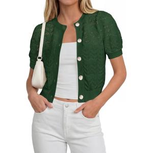 imagePRETTYGARDEN Women Summer Crochet Puff Short Sleeve Cardigan Lightweight Spring Cropped Button Up Beach Knit Sweater TopsGreen
