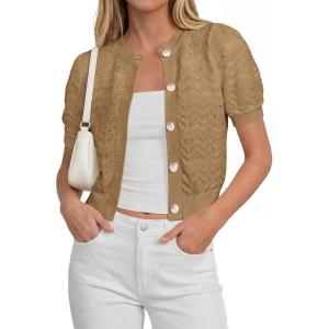 imagePRETTYGARDEN Women Summer Crochet Puff Short Sleeve Cardigan Lightweight Spring Cropped Button Up Beach Knit Sweater TopsKhaki