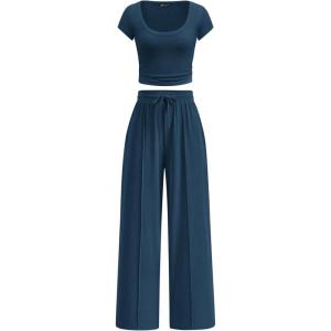 imagePRETTYGARDEN Womens 2 Piece Matching Lounge Sets Ribbed Short Sleeve Crop Tops Wide Leg Pants 2026 Summer Airport OutfitsDark Blue