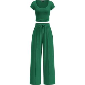 imagePRETTYGARDEN Womens 2 Piece Matching Lounge Sets Ribbed Short Sleeve Crop Tops Wide Leg Pants 2026 Summer Airport OutfitsGreen