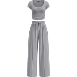 imagePRETTYGARDEN Womens 2 Piece Matching Lounge Sets Ribbed Short Sleeve Crop Tops Wide Leg Pants 2026 Summer Airport OutfitsGrey