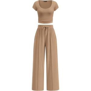 imagePRETTYGARDEN Womens 2 Piece Matching Lounge Sets Ribbed Short Sleeve Crop Tops Wide Leg Pants 2026 Summer Airport OutfitsKhaki