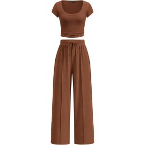 imagePRETTYGARDEN Womens 2 Piece Matching Lounge Sets Ribbed Short Sleeve Crop Tops Wide Leg Pants 2026 Summer Airport OutfitsLight Brown