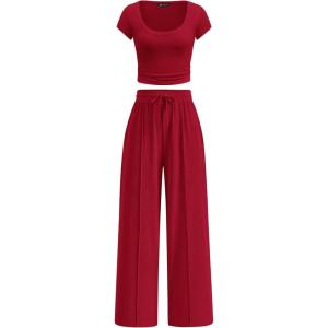 imagePRETTYGARDEN Womens 2 Piece Matching Lounge Sets Ribbed Short Sleeve Crop Tops Wide Leg Pants 2026 Summer Airport OutfitsRed