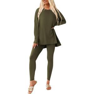 imagePRETTYGARDEN Womens 2 Piece Outfits 2026 Spring Long Sleeve Tunic Tops Legging Pants Fall Matching Lounge Sets SweatsuitsArmy Green