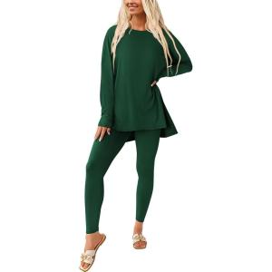 imagePRETTYGARDEN Womens 2 Piece Outfits 2026 Spring Long Sleeve Tunic Tops Legging Pants Fall Matching Lounge Sets SweatsuitsDark Green