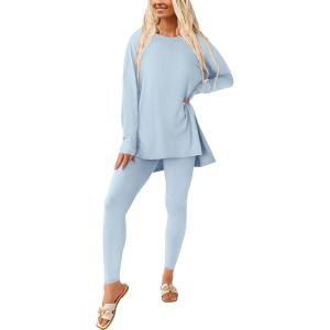imagePRETTYGARDEN Womens 2 Piece Outfits 2026 Spring Long Sleeve Tunic Tops Legging Pants Fall Matching Lounge Sets SweatsuitsLight Blue