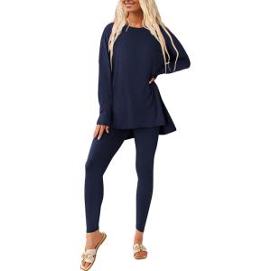 imagePRETTYGARDEN Womens 2 Piece Outfits 2026 Spring Long Sleeve Tunic Tops Legging Pants Fall Matching Lounge Sets SweatsuitsNavy