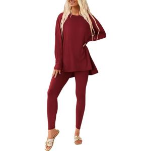 imagePRETTYGARDEN Womens 2 Piece Outfits 2026 Spring Long Sleeve Tunic Tops Legging Pants Fall Matching Lounge Sets SweatsuitsWine Red