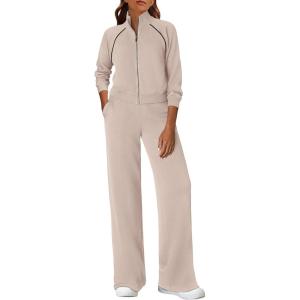 imagePRETTYGARDEN Womens 2 Piece Outfits Sweatsuits 2026 Fall Full Zip Sweatshirts Workout Pants Matching Lounge Sets TracksuitsApricot