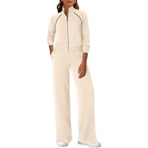 imagePRETTYGARDEN Womens 2 Piece Outfits Sweatsuits 2026 Fall Full Zip Sweatshirts Workout Pants Matching Lounge Sets TracksuitsBeige