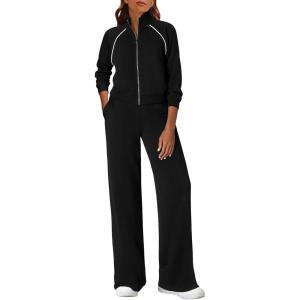 imagePRETTYGARDEN Womens 2 Piece Outfits Sweatsuits 2026 Fall Full Zip Sweatshirts Workout Pants Matching Lounge Sets TracksuitsBlack