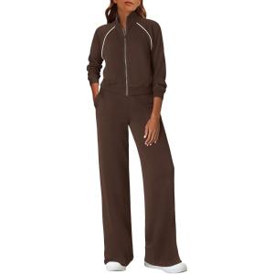 imagePRETTYGARDEN Womens 2 Piece Outfits Sweatsuits 2026 Fall Full Zip Sweatshirts Workout Pants Matching Lounge Sets TracksuitsBrown