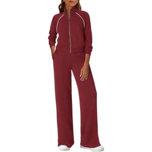 imagePRETTYGARDEN Womens 2 Piece Outfits Sweatsuits 2026 Fall Full Zip Sweatshirts Workout Pants Matching Lounge Sets TracksuitsBurgundy