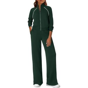 imagePRETTYGARDEN Womens 2 Piece Outfits Sweatsuits 2026 Fall Full Zip Sweatshirts Workout Pants Matching Lounge Sets TracksuitsDark Green