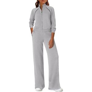 imagePRETTYGARDEN Womens 2 Piece Outfits Sweatsuits 2026 Fall Full Zip Sweatshirts Workout Pants Matching Lounge Sets TracksuitsGrey