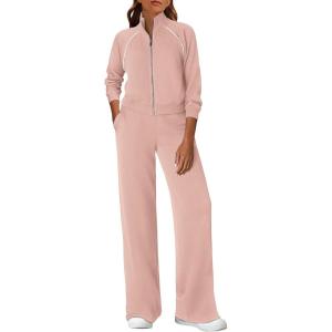 imagePRETTYGARDEN Womens 2 Piece Outfits Sweatsuits 2026 Fall Full Zip Sweatshirts Workout Pants Matching Lounge Sets TracksuitsLight Pink