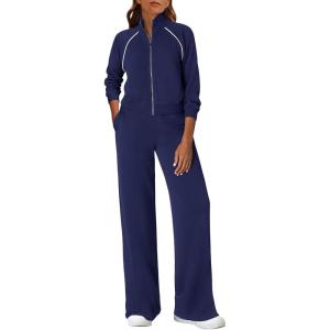imagePRETTYGARDEN Womens 2 Piece Outfits Sweatsuits 2026 Fall Full Zip Sweatshirts Workout Pants Matching Lounge Sets TracksuitsNavy Blue