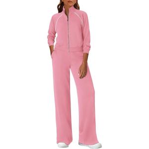 imagePRETTYGARDEN Womens 2 Piece Outfits Sweatsuits 2026 Fall Full Zip Sweatshirts Workout Pants Matching Lounge Sets TracksuitsPink