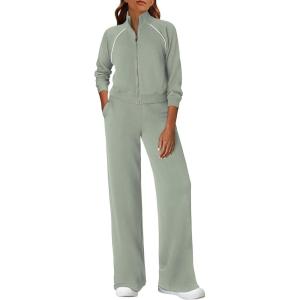 imagePRETTYGARDEN Womens 2 Piece Outfits Sweatsuits 2026 Fall Full Zip Sweatshirts Workout Pants Matching Lounge Sets TracksuitsSage Green
