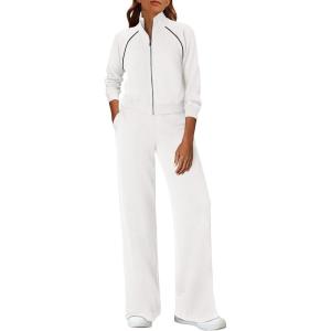 imagePRETTYGARDEN Womens 2 Piece Outfits Sweatsuits 2026 Fall Full Zip Sweatshirts Workout Pants Matching Lounge Sets TracksuitsWhite