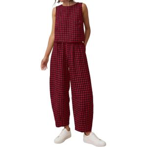 imagePRETTYGARDEN Womens 2 Piece Sets 2026 Summer Plaid Sleeveless Tops Wide Leg Pants Matching Lounge Set Beach Vacation OutfitsPlaid Black Red