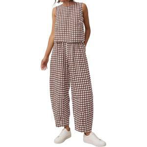 imagePRETTYGARDEN Womens 2 Piece Sets 2026 Summer Plaid Sleeveless Tops Wide Leg Pants Matching Lounge Set Beach Vacation OutfitsPlaid Brown White