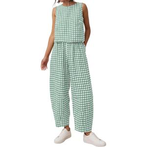 imagePRETTYGARDEN Womens 2 Piece Sets 2026 Summer Plaid Sleeveless Tops Wide Leg Pants Matching Lounge Set Beach Vacation OutfitsPlaid Green White