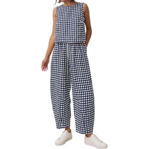 imagePRETTYGARDEN Womens 2 Piece Sets 2026 Summer Plaid Sleeveless Tops Wide Leg Pants Matching Lounge Set Beach Vacation OutfitsPlaid Navy White