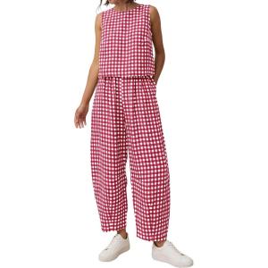 imagePRETTYGARDEN Womens 2 Piece Sets 2026 Summer Plaid Sleeveless Tops Wide Leg Pants Matching Lounge Set Beach Vacation OutfitsPlaid Red White