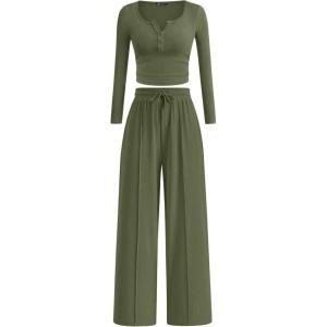 imagePRETTYGARDEN Womens 2026 Fall Trendy 2 Piece Outfits Lounge Sets Long Sleeve Top Henley Shirts Wide Leg Pants Travel ClothesArmy Green
