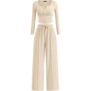 imagePRETTYGARDEN Womens 2026 Fall Trendy 2 Piece Outfits Lounge Sets Long Sleeve Top Henley Shirts Wide Leg Pants Travel ClothesBeige