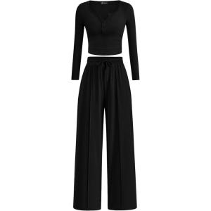 imagePRETTYGARDEN Womens 2026 Fall Trendy 2 Piece Outfits Lounge Sets Long Sleeve Top Henley Shirts Wide Leg Pants Travel ClothesBlack