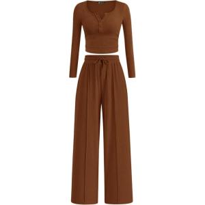 imagePRETTYGARDEN Womens 2026 Fall Trendy 2 Piece Outfits Lounge Sets Long Sleeve Top Henley Shirts Wide Leg Pants Travel ClothesBrown